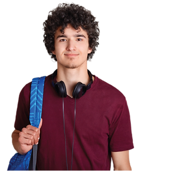 Estudante com mochila e fone de ouvido