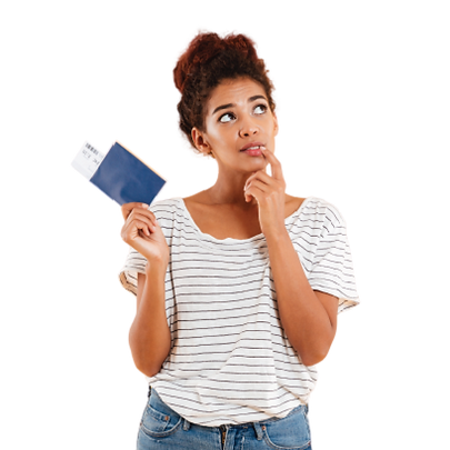 jovem mulher pensativa segurando passaporte